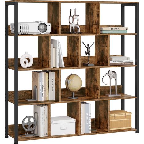 Bibliothèque Étagère Rangement, Étagère Livre avec 14 Casiers à 4 Niveaux, Meuble Étagère pour Salon, Chambre, Bureau, en Bois d'Ingénierie, Effet Bois brûlé+Noir, 120x30x120cm (1/5)