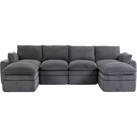 Divano modulare 4 posti in velluto a coste grigio scuro con 2 pouf, cuscini e tasche laterali (1/5)