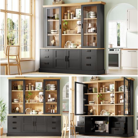 Armoire de cuisine haute avec 6 grands tiroirs, portes vitrées, protection anti-basculement et glissières métalliques, 140x185 cm, armoire de rangement pour cuisine et salle à manger (1/5)