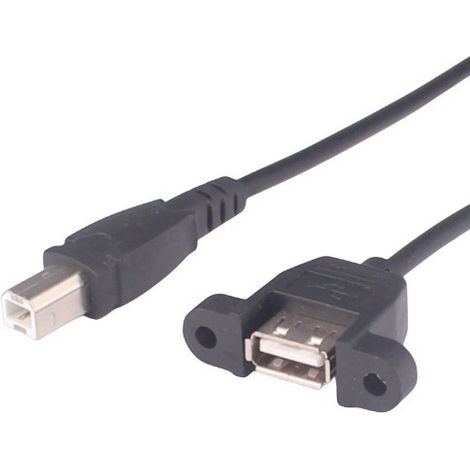 USB 2.0 B male to USB female extension cable with tabs and screw holes for attaching panel cables and printer adapters. (1/4)