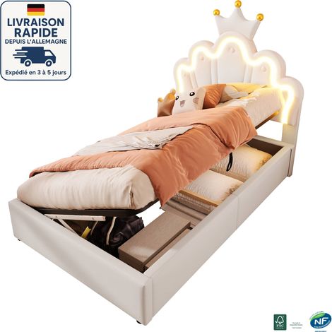 MODFU - Cama infantil con canapé 90×200cm, tapizada hidráulicamente, cabecero regulable en forma de corona, con LED, sin colchón, MDF, blanco (1/5)