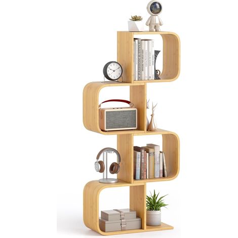 GOPLUS Bibliothèque en Forme de S en Bambou, 4 Niveaux avec Cubes Ouverts, Kits Anti-Basculement, Bibliothèque Etagère de Rangement pour Salon, Chambre, Bureau, Naturel (4 Cubes) (1/5)