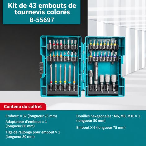 Coffret d'embouts de vissage magnétiques pour perceuse et visseuse, coffret de 43 embouts colorés B-55697, 1 kg – Livraison gratuite