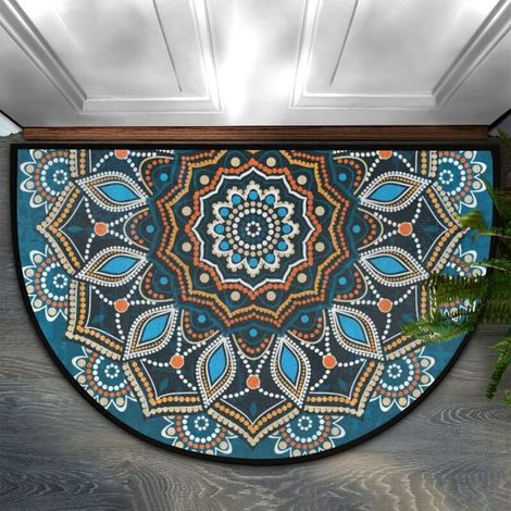 Zerbino rotondo semicircolare con disegno mandala blu, zerbino semicircolare per interni, zerbino antiscivolo semicircolare per ingresso, bagno, cucina, soggiorno - 6090 cm