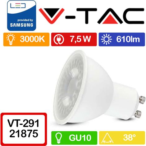 V-TAC PRO VT-291 Faretto LED GU10 con Chip Samsung 7,5W 38° Bianco caldo - 3000K