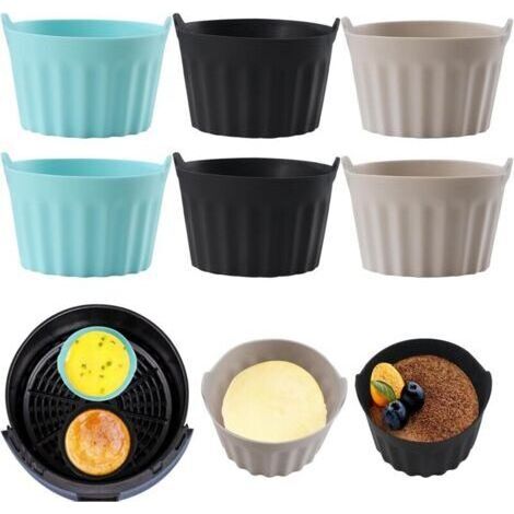 6PCS Moule Silicone Air Fryer,Plat Pour Friteuse Sans Huile,Coupe Moule,Moule Pour Gâteau Au Four,Moule à Tarte Aux Oeufs，Air friteuse Accessoires, Silicone Bakeware，Noir + gris+bleu (1/4)