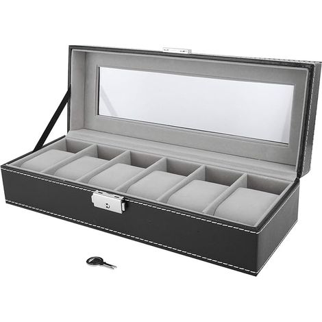 Boîte de rangement avec 6 oreillers de montre amovibles, boîte d'affichage de bijoux en cuir pu de luxe, boîte de rangement avec couvercle en verre, unisexe,