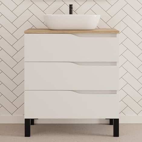Meuble de salle de bain 80cm avec plateau miel et vasque à poser zeus - 3 tiroirs - sans miroir - blanc - MATA (1/4)