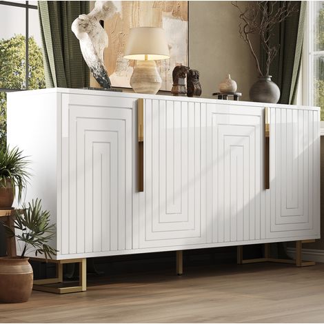 Sideboard MDF blanc 152x40x75 cm, 2 portes, 4 compartiments, pieds métal dorés, dispositif anti-basculement (1/5)