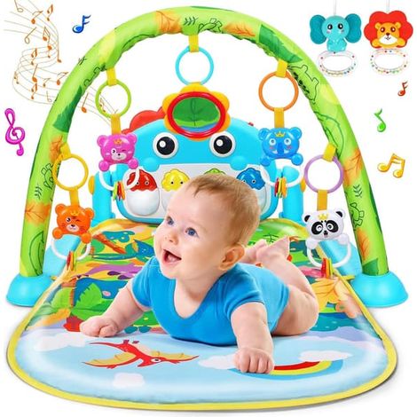 Tapis d'éveil pour bébé, tapis d'éveil sur le ventre, centre d'activités musicales, tapis d'éveil piano lumineux, cadeau de naissance, 0-12 mois, thème dinosaures (1/4)
