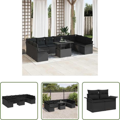 vidaXL Poly-Rattan - Sofa Set mit Kissen 11 pcs Schwarz Poly-Rattan (1/5)