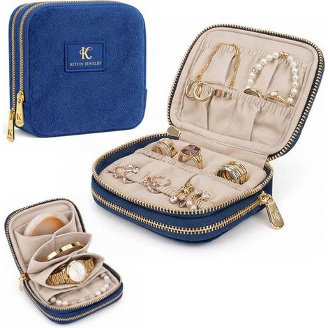 Mini boîte à bijoux de voyage – Velours – Bleu foncé – Anneaux, colliers, montres – Organisateur (1/5)