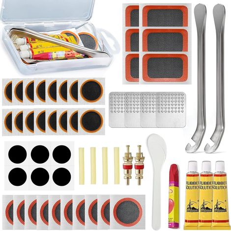 Kit de réparation de pneus de vélo 56 pièces, ensemble d'outils pour vélo, kit de réparation de crevaison auto-adhésif, outil de réparation multifonctionnel, avec patch de vulcanisation, compatible av (1/5)