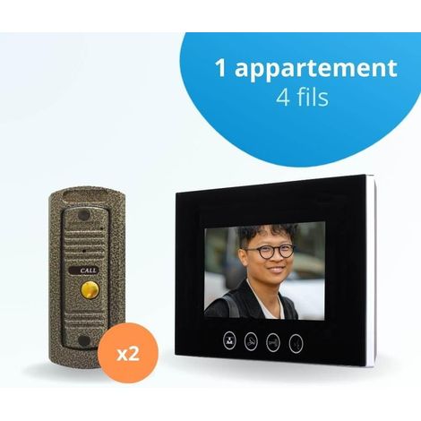Portier interphone vidéo PINO 4 Fils pour 2 entrées - 1 appartement - 2 platines - 1 écran noir 7" - avec mémoire photos
