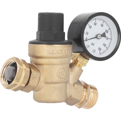 Einstellbarer Wasserdruckregler aus Messing (160 PSI) mit Manometer und Einlassfilter für Wohnmobile (1/5)