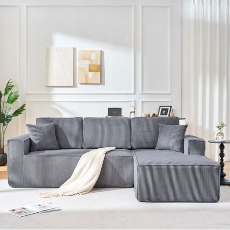 Canapé d’angle modulable 235 x 128 x 60 cm en velours côtelé gris, avec chaise longue et coussins (1/5)