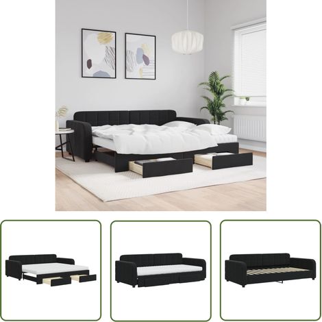The Living Store Tagesbett Ausziehbar mit Schubladen Schwarz 90x200 cm Samt - Schlafcouch - Sofa Bett - Gästebett - Ausziehbares Bett - Tagesbett (1/5)