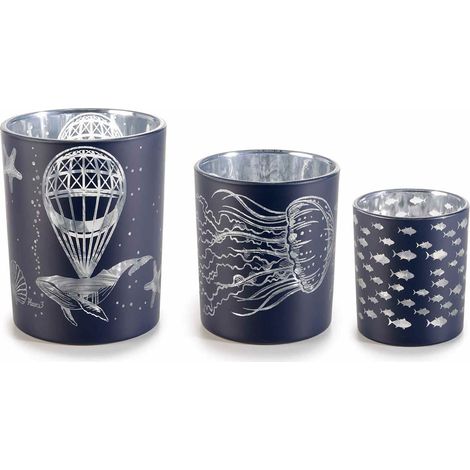 Portacandela in vetro con stampa mare e pesciolini, set da 2 pezzi, Grande: Ø 10 cm x 12,5 H