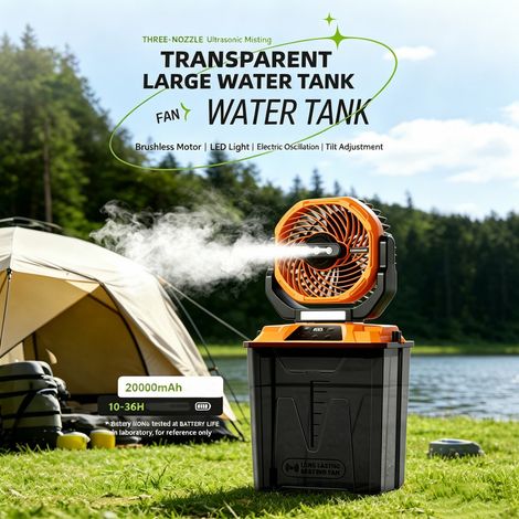 Ventilateur rafraîchissant extérieur à jet orange - Rechargeable - 7 litres - 3 buses - Télécommande - Idéal pour le camping, les terrasses et les activités de plein air - Rechargeable