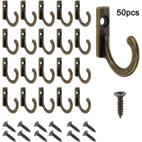Lot de 50 crochets muraux vintage en bronze vieilli avec vis - Petits crochets porte-manteaux à visser (1/4)