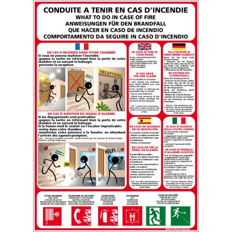 Panneau CONSIGNES INCENDIE HÔTEL – PVC 1,5 mm – 300 x 420 mm (1/5)