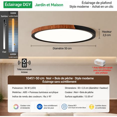 Plafonnier LED 50 cm 36W rétro noir sablé et noyer gradation continue spectre complet 50cm 36w réf 0645 10 kg – Livraison gratuite