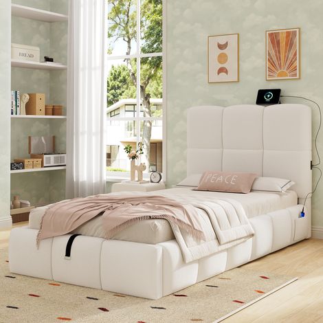 Lit coffre simple 90x200 cm Lit enfant avec hydraulique, rangement intégré, bouclé, beige (1/5)