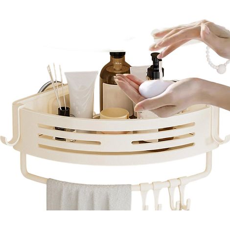 Étagère de douche avec barre et 6 crochets, support de douche d&aposangle à ventouses, sans perçage, étagère de salle de bain(blanche) (1/5)