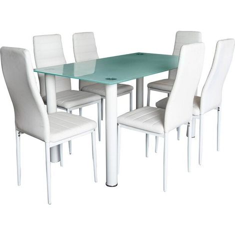Mesa de Cristal Templado + 6 Sillas Polipiel. Comedor o Cocina