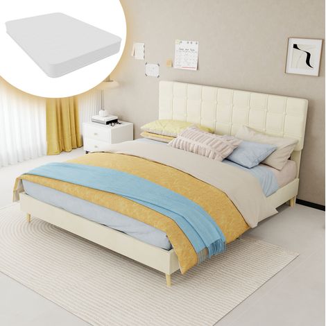 REDOM Cama doble (205x160x127 cm), cabecero acolchado de cuadros, colchón incluido, tela y metal, beige (1/5)