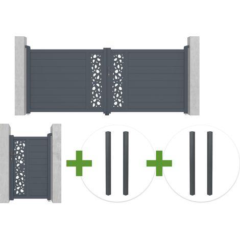 Puerta batiente SUNNY de 3,5 m, 140 cm de alto, aluminio gris + puerta peatonal SUNNY de 1 m, 140 cm de alto + 4 postes