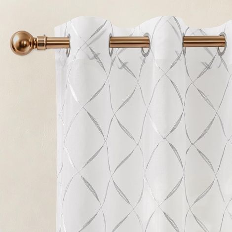Lot de 2 Rideaux Voilages 140x260cm, avec Broderie Géométrique, Rideau Chambre Semi-Transparent Élégant à Oeillets pour Salon Moderne Chambre Cuisine Baie Vitrée, Blanc (1/5)