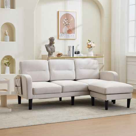 Ecksofa L-Form Sofa 3-Sitzer mit Chaiselongue, kleines Ecksofa aus, An der Seite befindet sich eine Aufbewahrungstasche,10 Sofabeine,Geeignet für das Wohnzimmer,204x136x80cm,Beige (1/5)