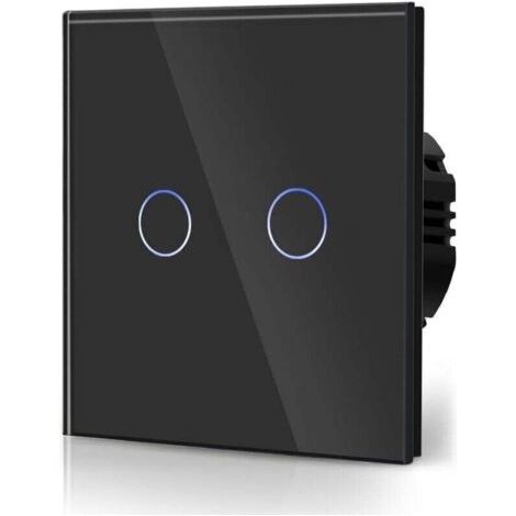 Interrupteur Tactile Normal Commutateur d'éclairage Mural Compatible avec la lumière LED Écran Tactile en Verre 110V-240V Plaque de Cristal Trempé avec Rétroéclairage Bouton 2 Gang 2 Voie Noir (1/4)