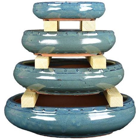 Vasi per bonsai rotondi in gres smaltati verde (Set da n.4 pezzi) - G237 (1/2)