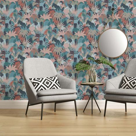 Papier peint floral bleu vert et rose Tapisserie nature feuillage et animaux Papier peint style exotique idéal pour couloir (1/4)