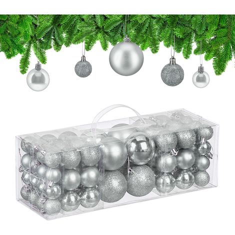 Relaxdays Palline di Natale, Set 76 Palle Albero, Addobbi Natalizi, Sfere in Plastica Opache, Lucide e Glitter, Argento