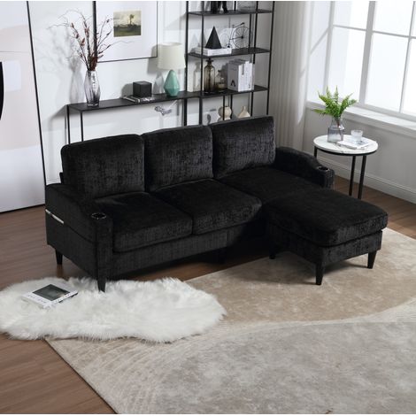 Divano 4 posti 196.5x75x77 cm nero in chenille con pouf contenitore, portabicchieri e tasche laterali (1/5)