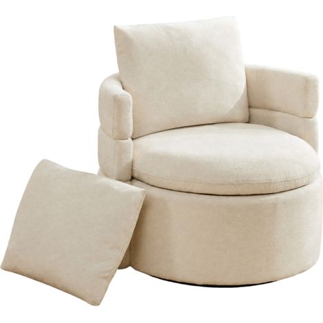 Sillón giratorio 360° de chenilla color marfil con almacenamiento oculto y cojín de respaldo (1/4)