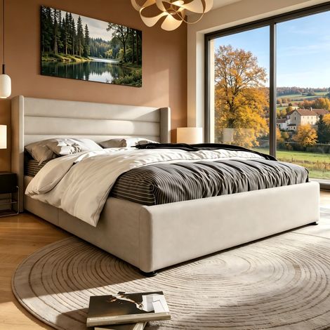 Lit double rembourré 160x200, Cadre avec Étagères de Rangement, cadre de lit avec tête de lit, lit capitonné, Lit coffre et sommier à lattes, lin, Beige, MDF, sans matelas (1/5)