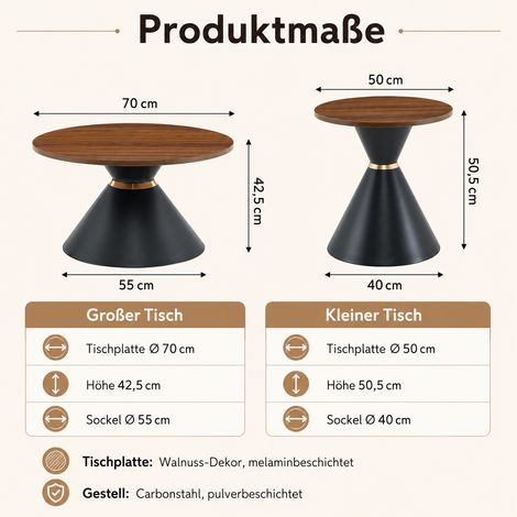 Ensemble de 2 tables basses rondes aspect noyer et pied conique en métal noir, gain de place pour le salon, la chambre et le bureau (1/5)