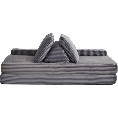Divano moderno in velluto a coste, lungo 211 cm, combinabile con un letto, con diverse opzioni di configurazione grazie a due schienali triangolari, due cuscini e due braccioli rimovibili. (1/5)