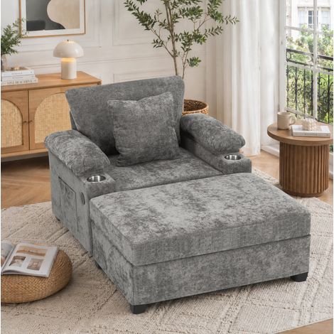 Poltrona relax trasformabile con portabicchieri e braccioli contenitore, cuscini inclusi, chenille grigia (1/5)