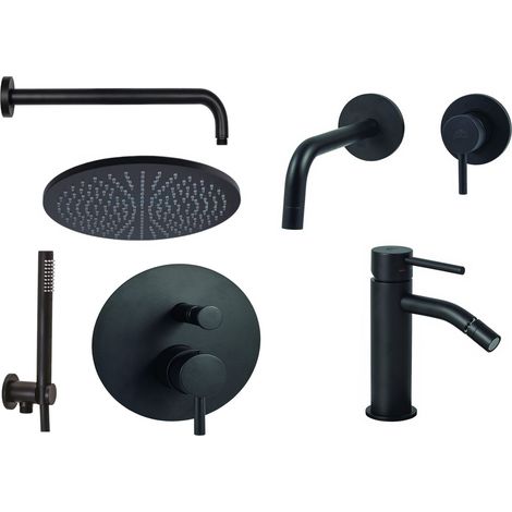 Set miscelatore lavabo a parete, bidet e kit doccia colore nero opaco Paffoni Light KITLIG8NO