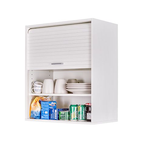 Beaux Meubles Pas Chers – Meuble haut de cuisine blanc avec rideau coulissant – 2 étagères réglables – Dimensions L 60 cm H 72 cm P 35 cm – Éco-conçu en France