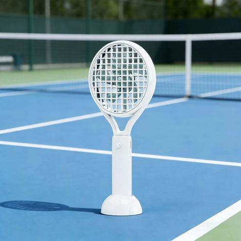 (Blanc) Mini ventilateur avec un design simple de raquette de tennis, trois vitesses de vent, batterie de 1200 mAh, ventilateur rechargeable par USB. (1/4)