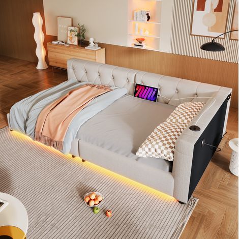 Bett Daybed modern 90x200 cm in Leinen Beige mit Kopfteil, Lattenrost, 7-Farben-LED und USB+Type-C (1/5)
