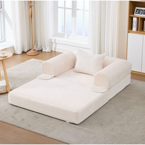 Canapé-lit 1 place convertible, velours côtelé beige, 120 x 85 x 65 cm, REDOM (1/5)