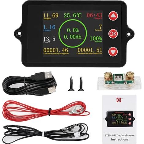 Moniteur Capacité de Batterie Multifonctions DC 8-100V Battery Monitor Écran Couleur Contrôleur Courant/Tension/Puissance/Capacité Restante Shunt en Cuivre Manganèse 100A + Câble USB 2m -