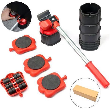 Outil de déménagement de meubles robuste, kit d'outils de déménagement de meubles, avec 4 patins de levage et roulettes (rouge). (1/5)
